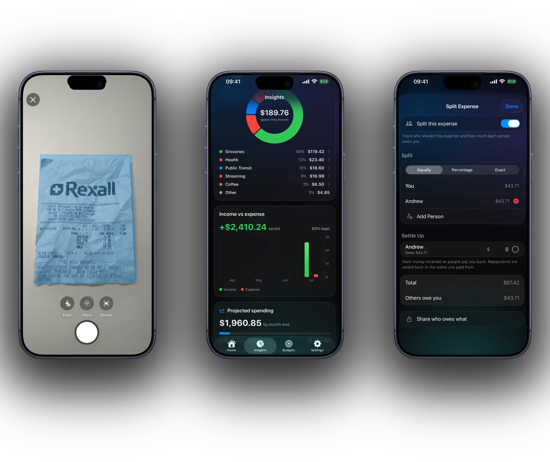 Vesi app screens: scanning a paper receipt with the camera, monthly spending insights with charts, and splitting an expense with a friend