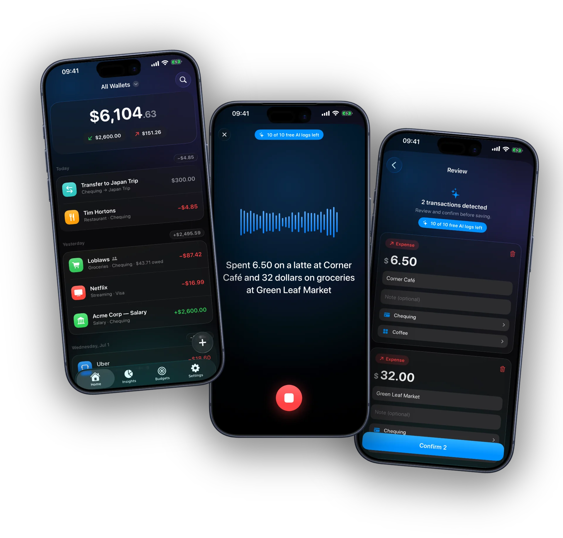 Three iPhones showing Vesi's home feed, a spoken transaction being captured, and the AI review screen with two detected expenses