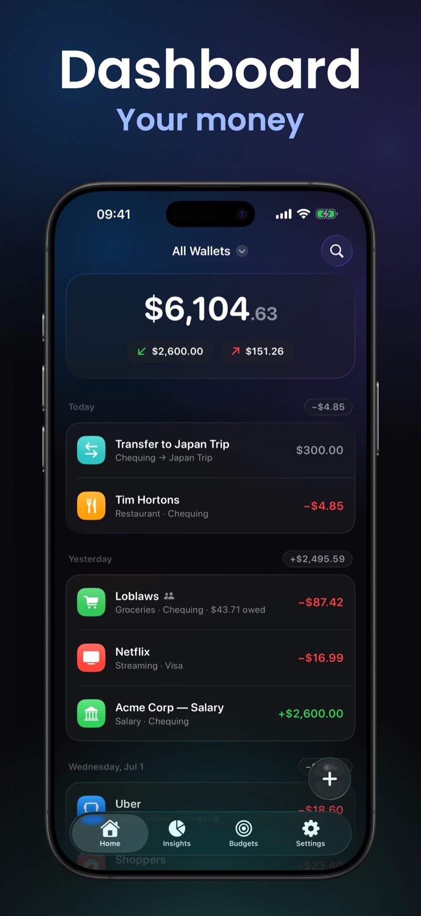 Dashboard with wallets and recent transactions