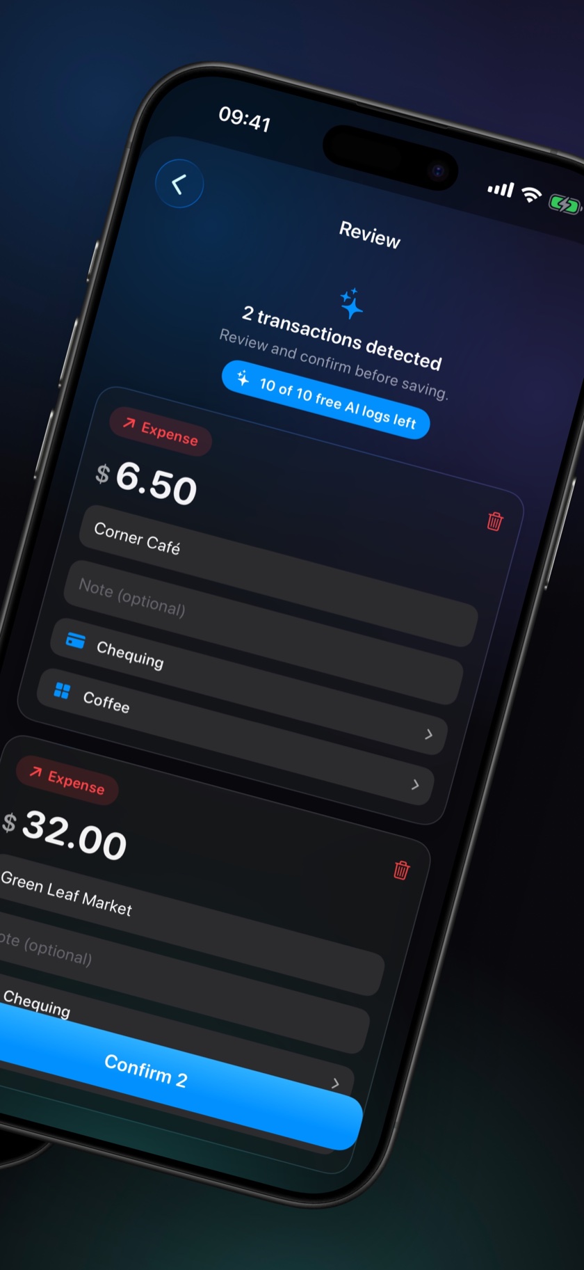 AI-parsed transactions ready to confirm