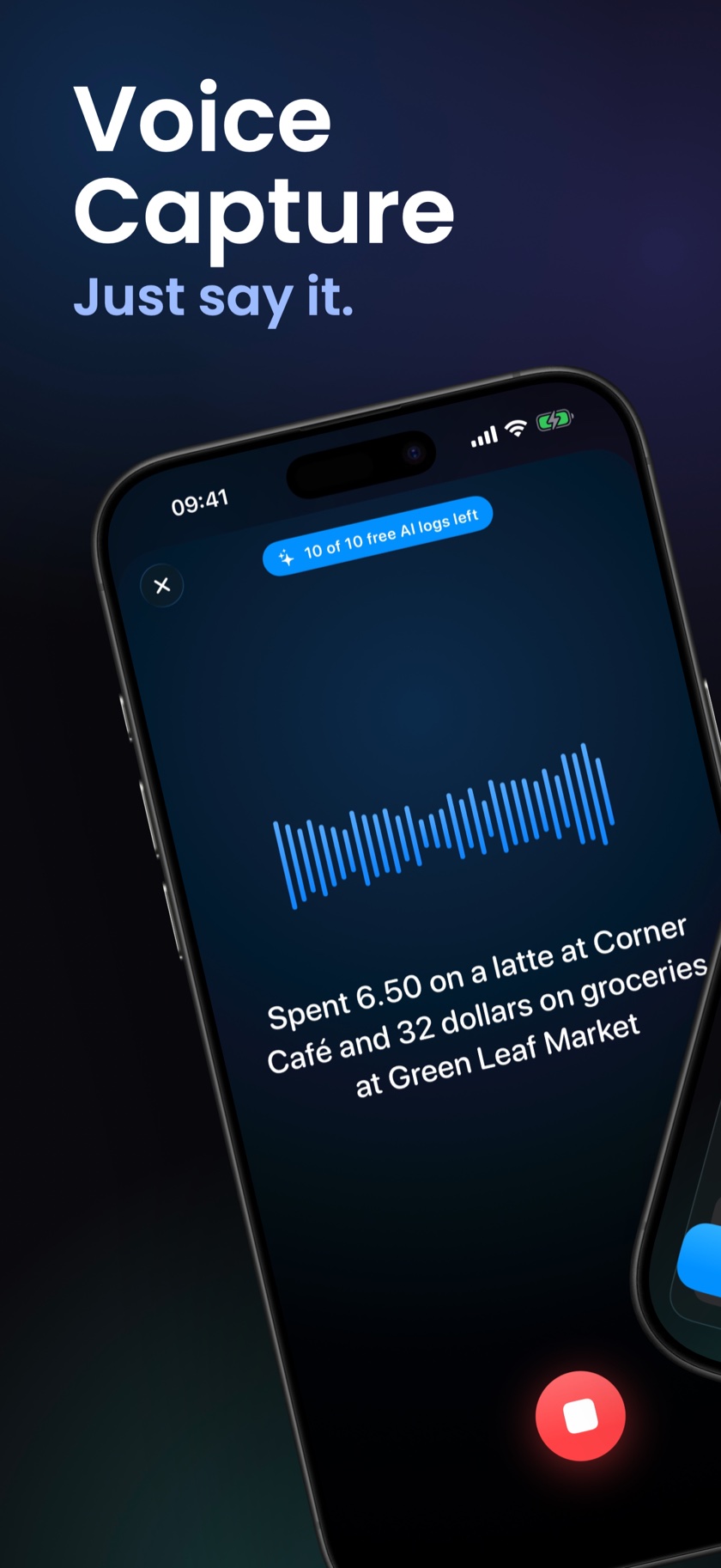 Lume's voice capture screen turning speech into a transaction