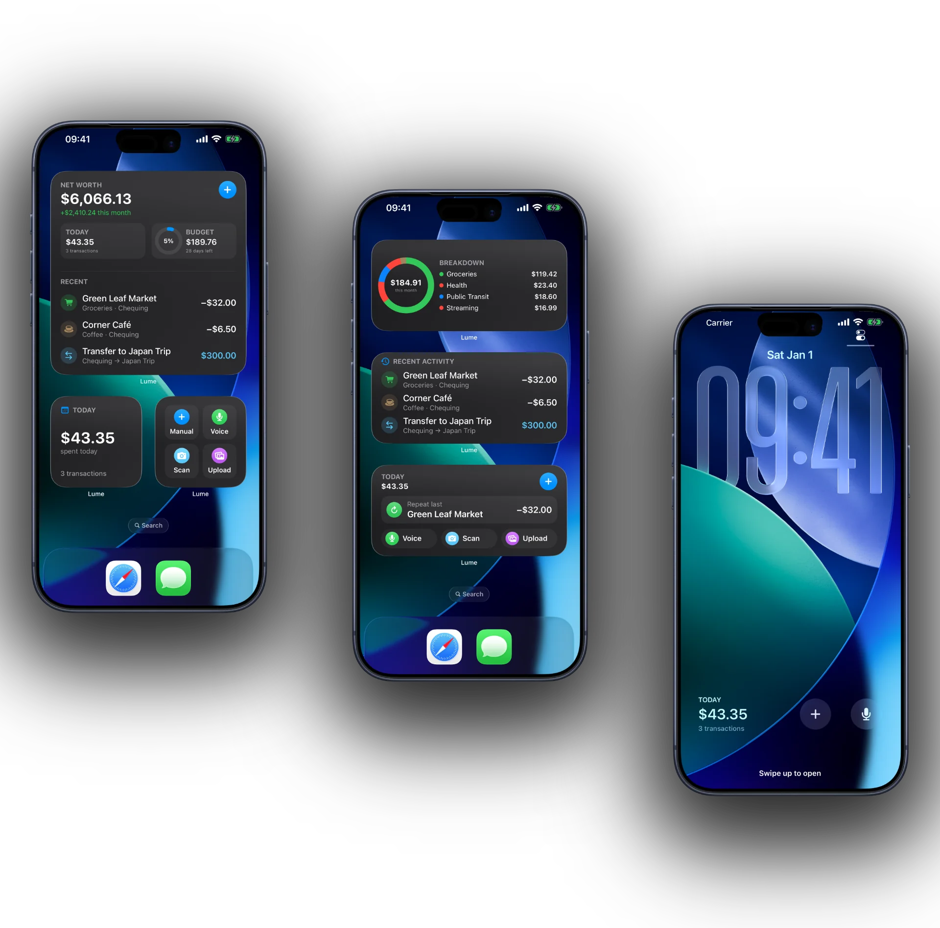 iPhone home and lock screens with Vesi widgets: net worth, today's spending, category breakdown, and quick log actions